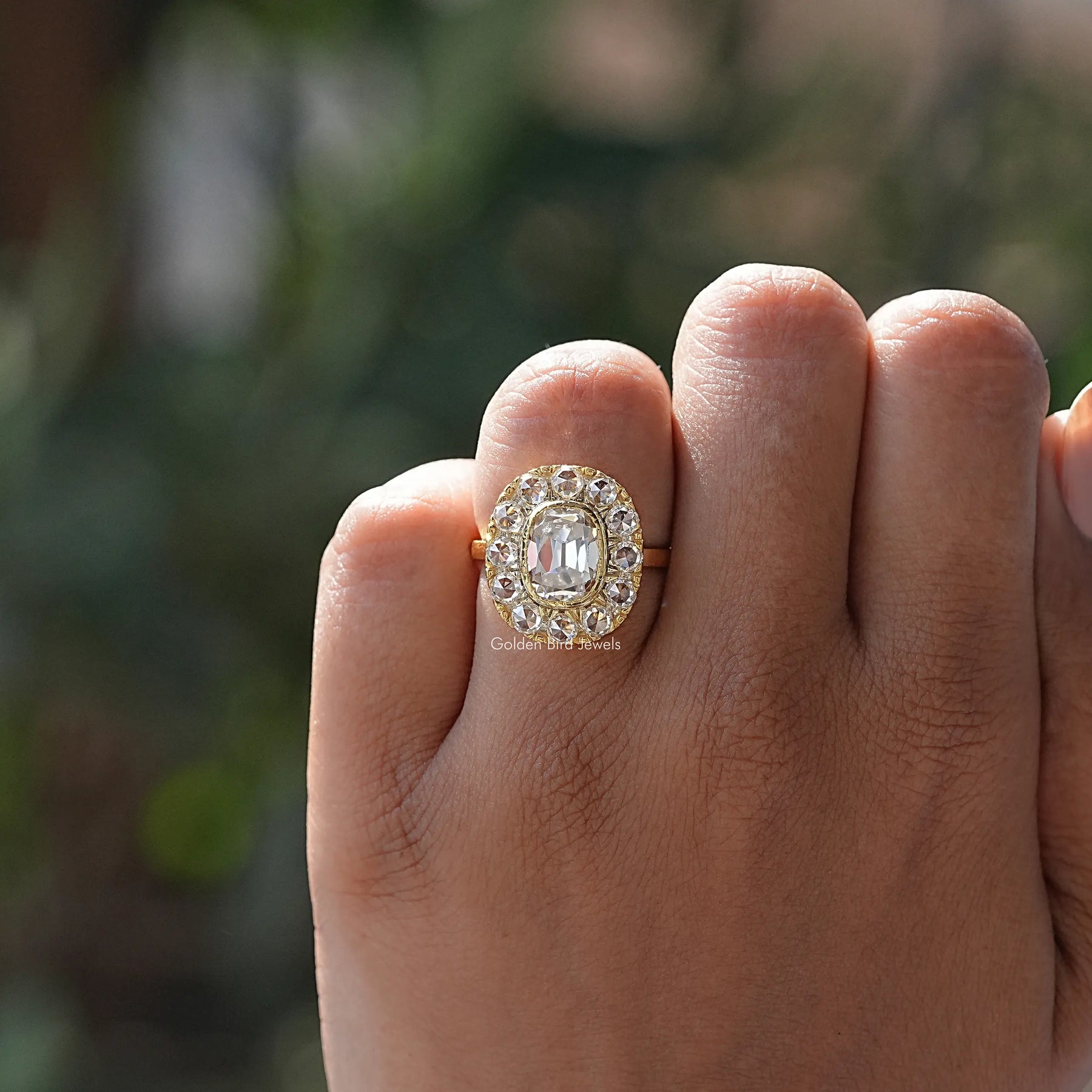 [Elongated Old Mine Cushion Cut Moissanite Ring]-[Golden Bird Jewels]