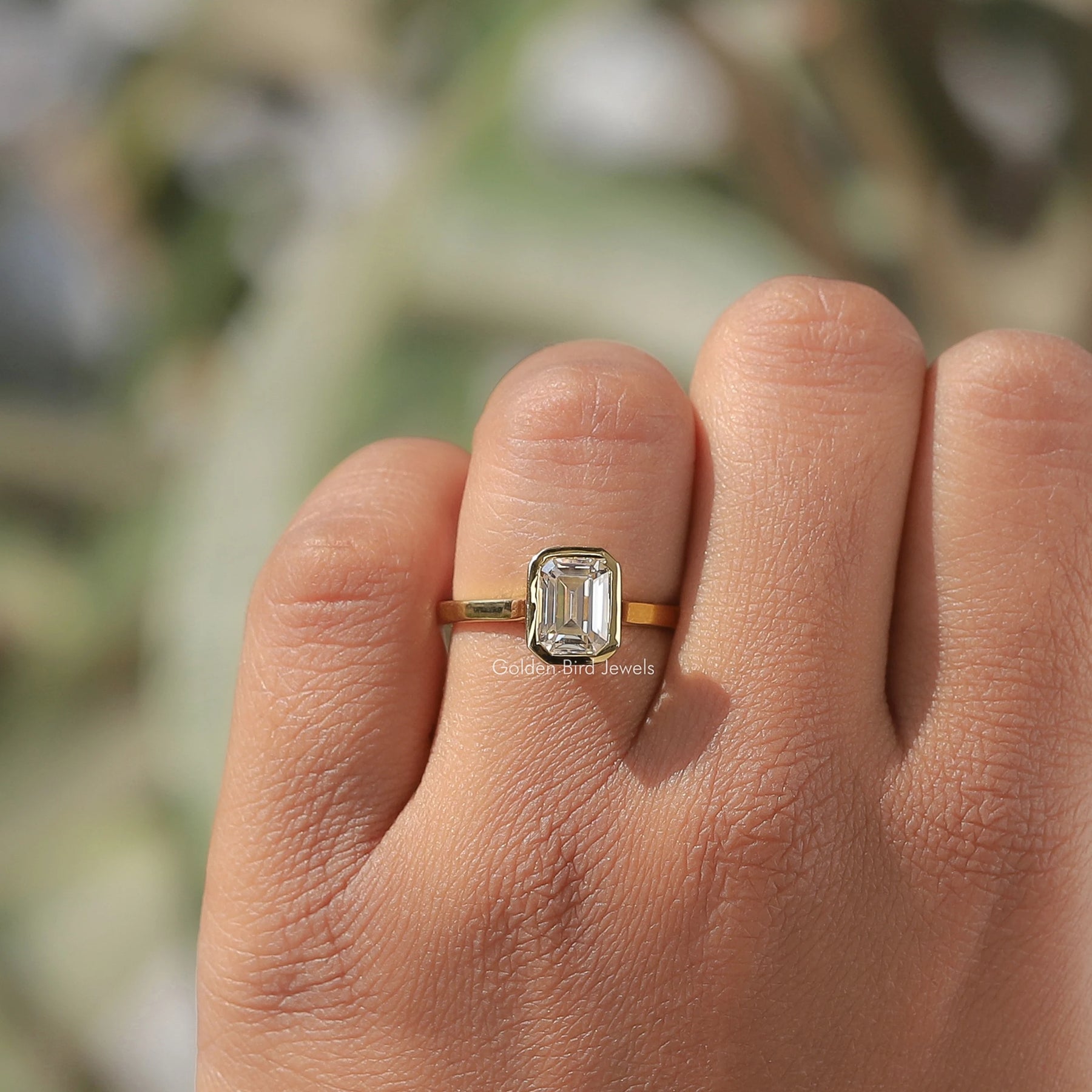 [Moissanite Emerald Cut Bezel Set Solitaire Ring]-[Golden Bird Jewels]