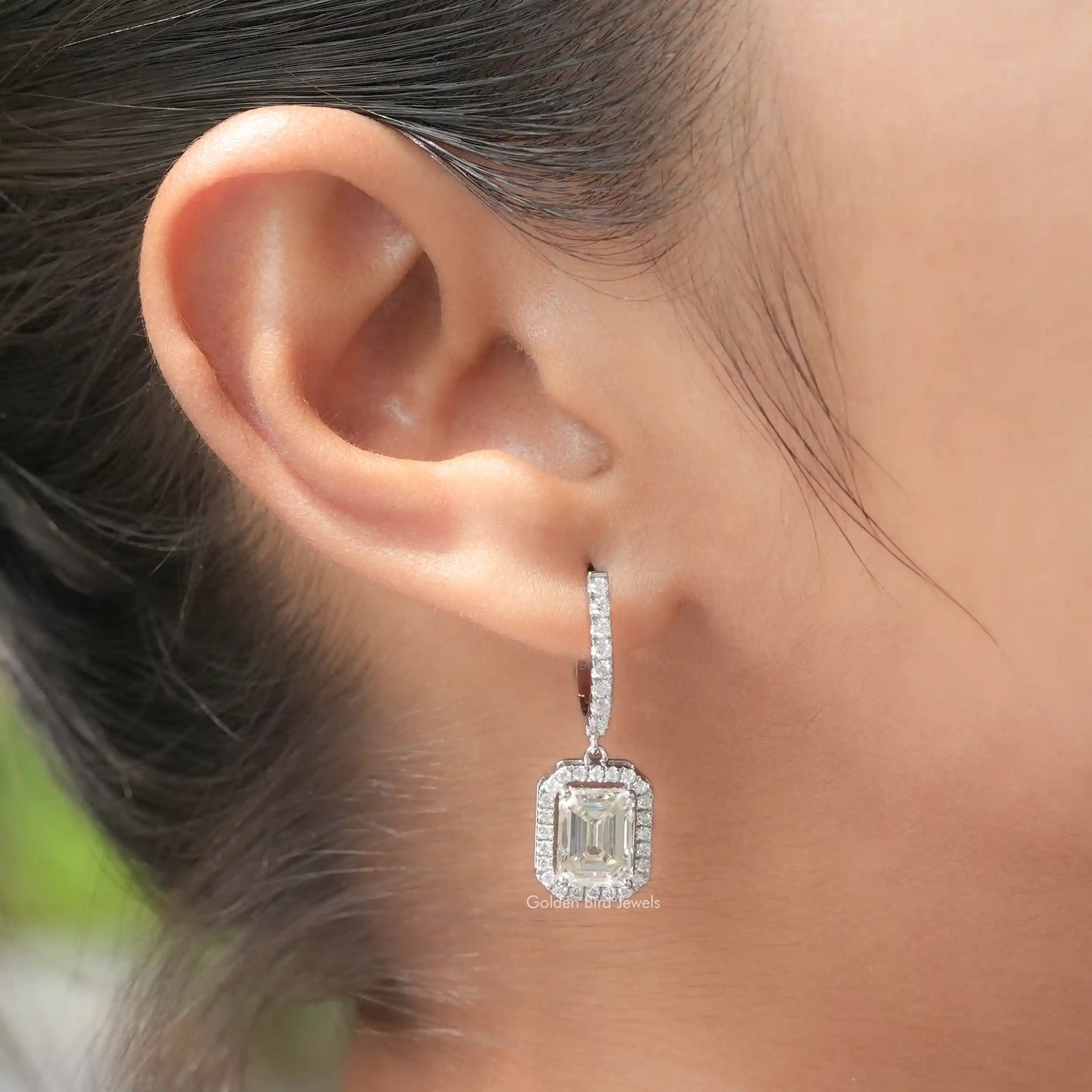 Emerald Cut Halo Moissanite Dangle Drop Earrings