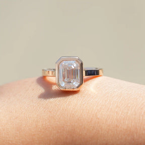 [Bezel Set Emerald Cut Moissanite Engagement Ring]-[Golden Bird Jewels]