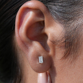 [White Gold Emerald Cut Stud Earrings]-[Golden Bird Jewels]