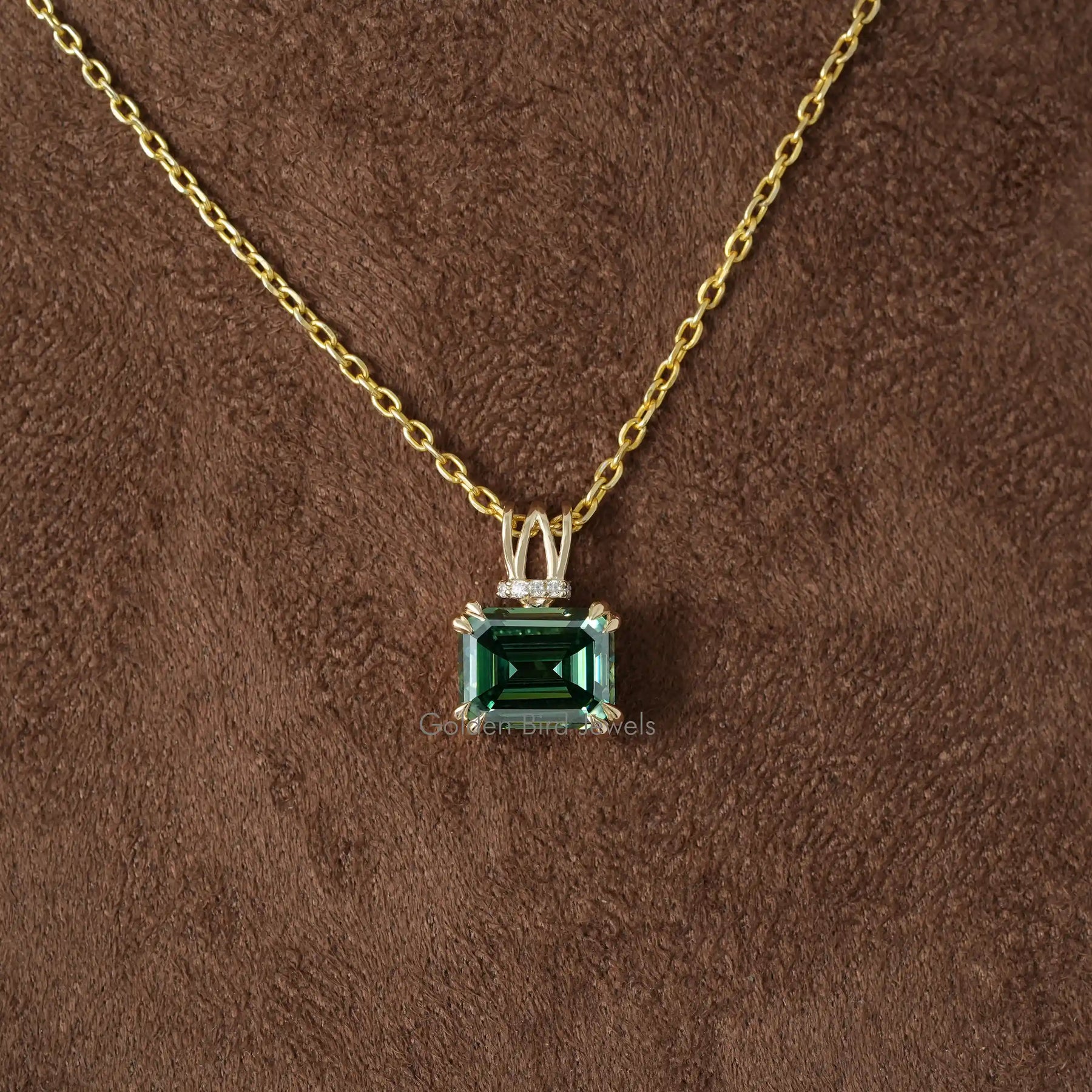 [Green Emerald Cut Moissanite Pendant]-[Golden Bird Jewels]