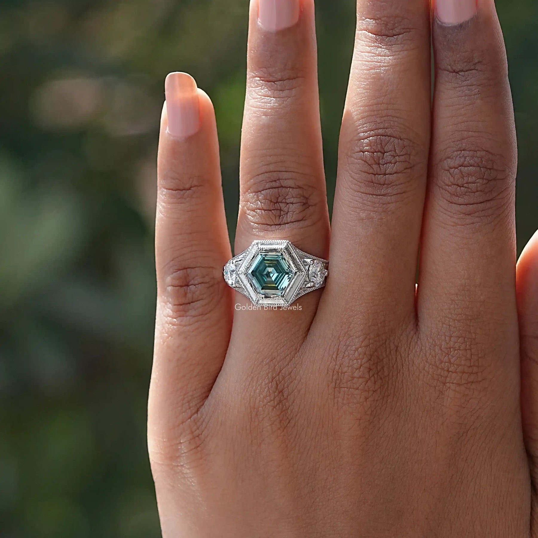 [Blue Green Hexagon Cut Moissanite Engagement Ring]-[Golden Bird Jewels]