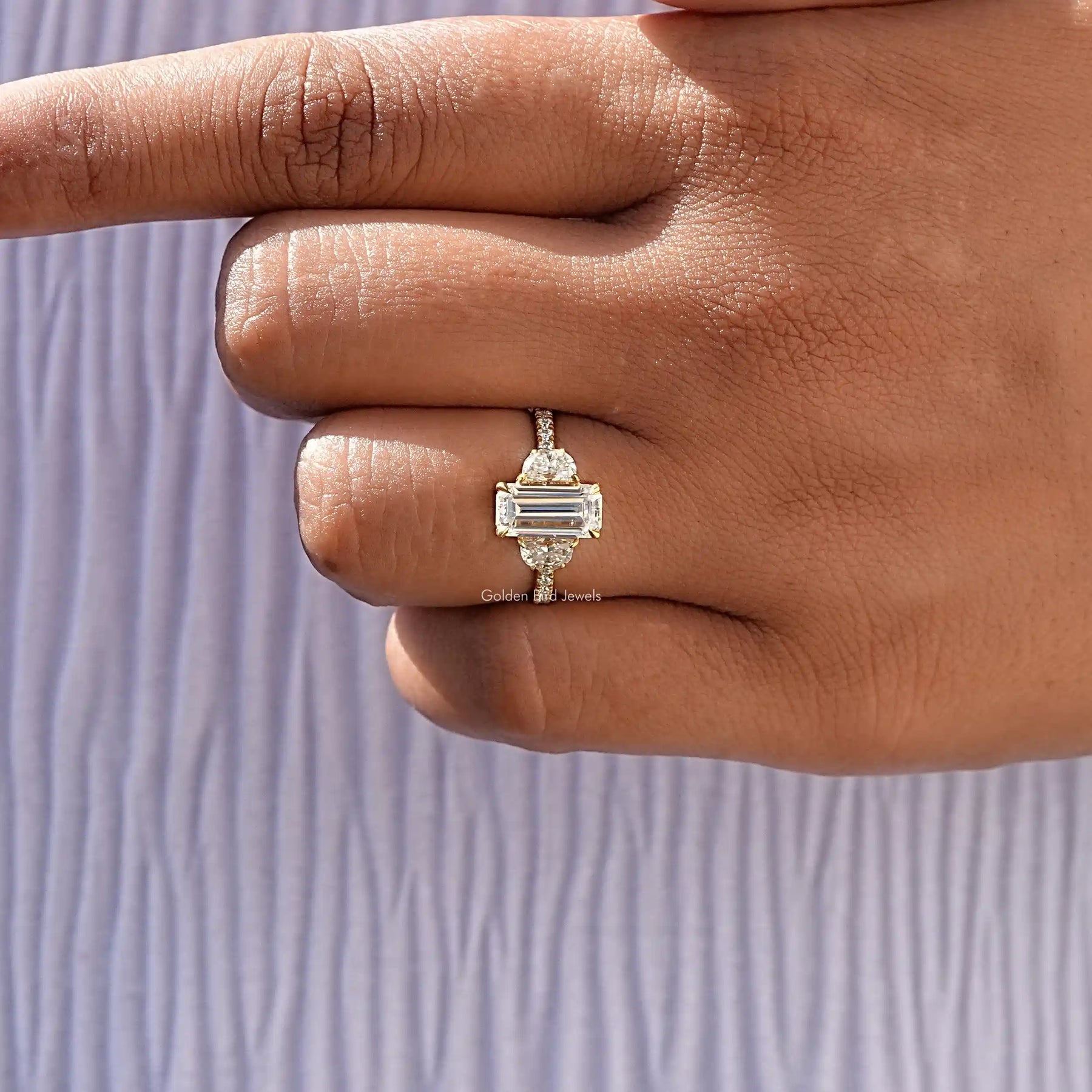 [Moissanite Long Emerald Cut Three Stone Ring]-[Golden Bird Jewels]