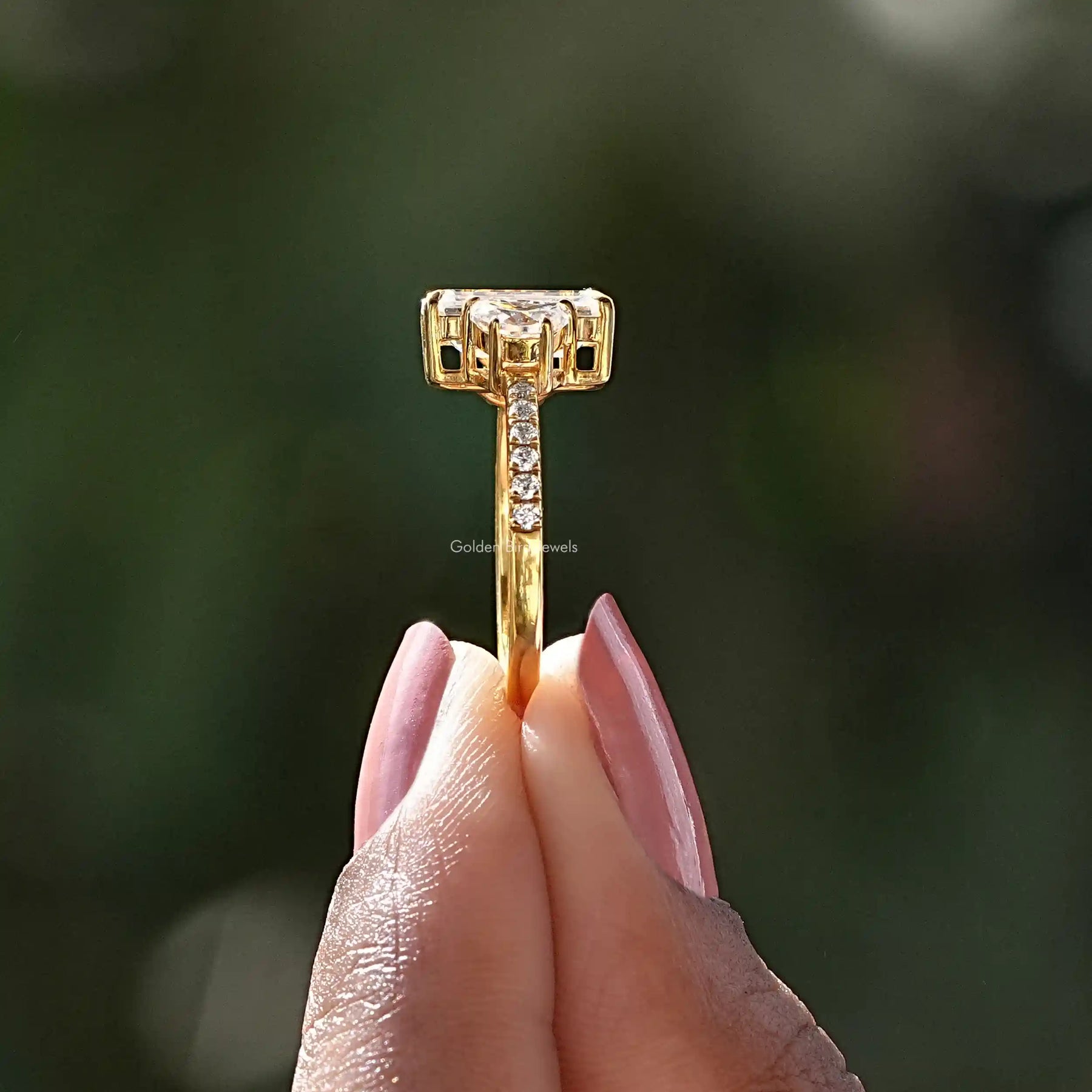 [Long Emerald Cut Engagement Ring With Round Cut Accent Stones]-[Golden Bird Jewels]