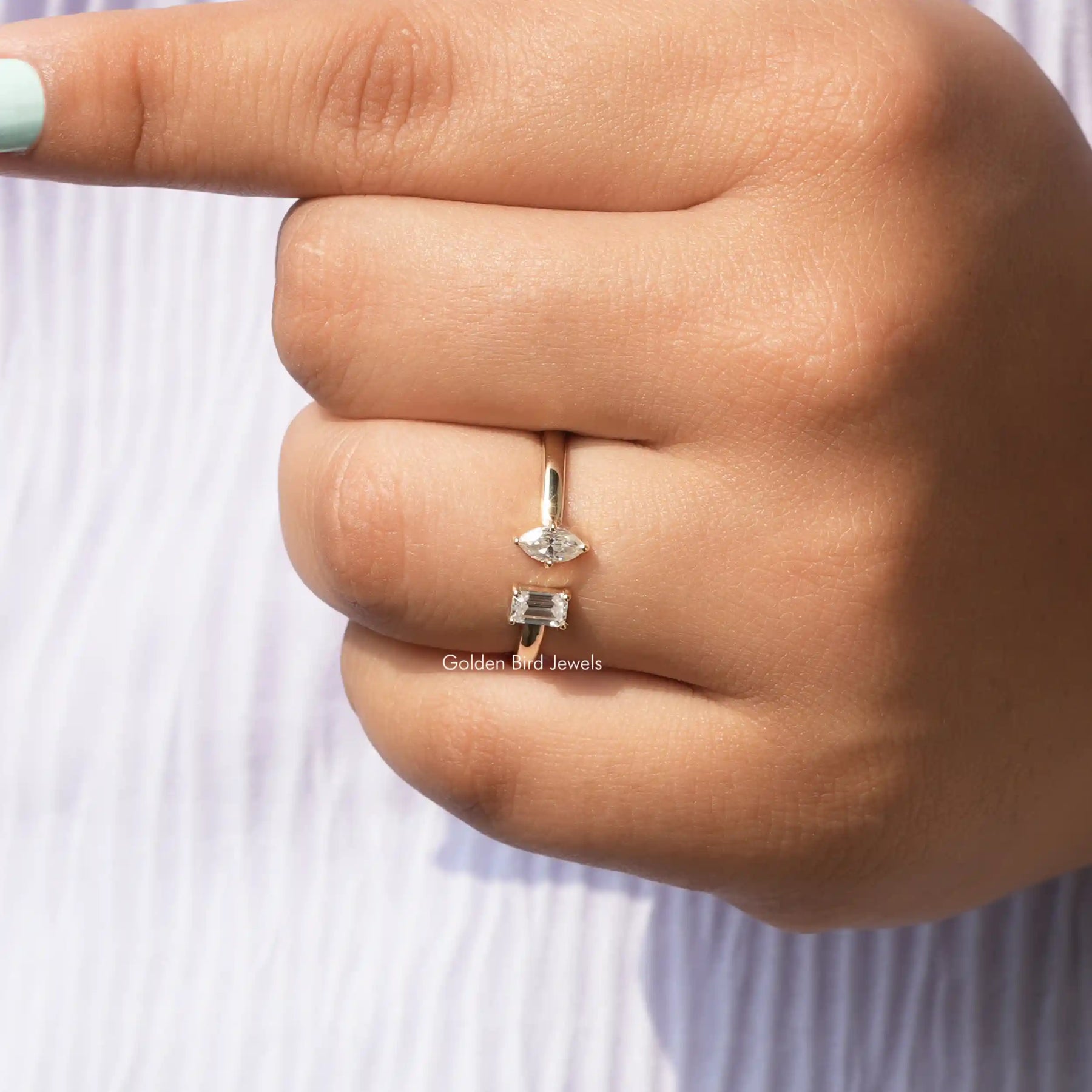 [Colorless Marquise And Emerald Cut Two Stone Ring]-[Golden Bird Jewels]