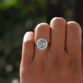 View of Old European Round Cut Bezel Set Halo Ring In finger