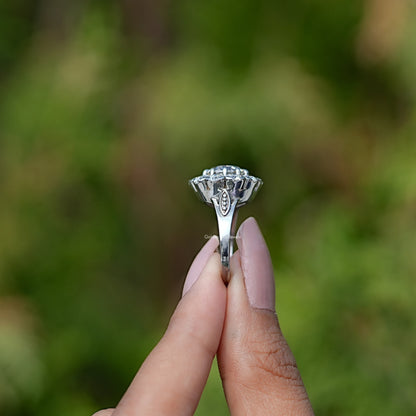 Side View of Old European Round Cut Halo Ring In two fingers