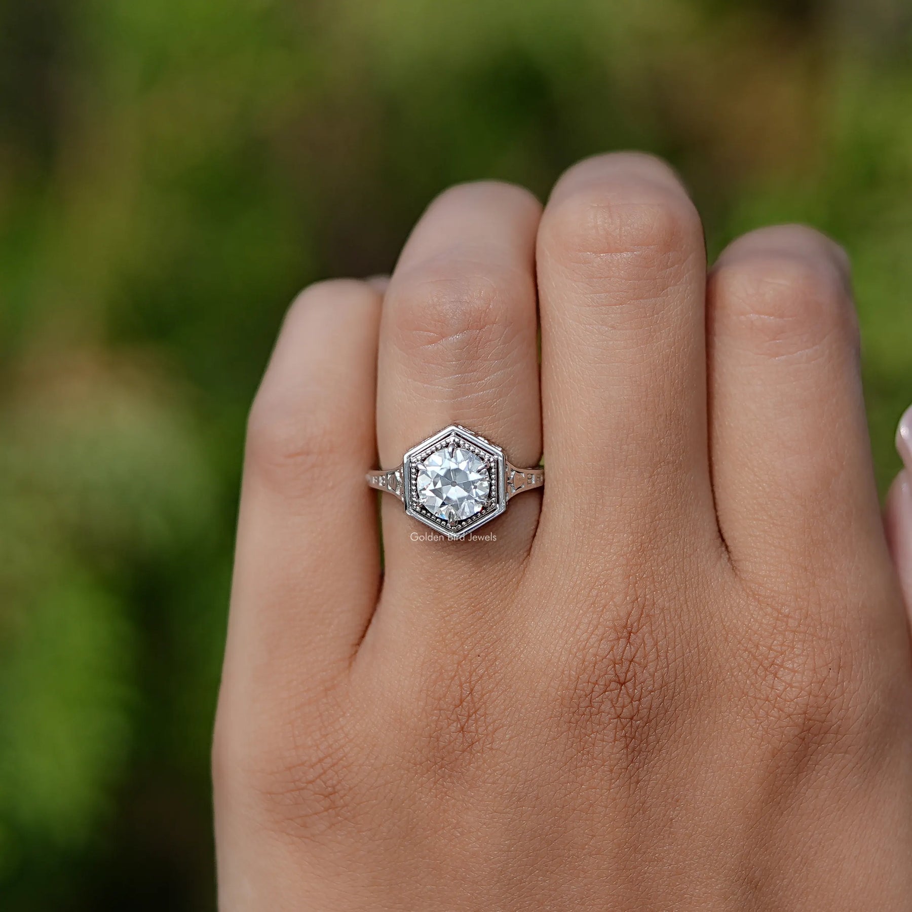 View of Moissanite Old European Round Cut Ring In Finger