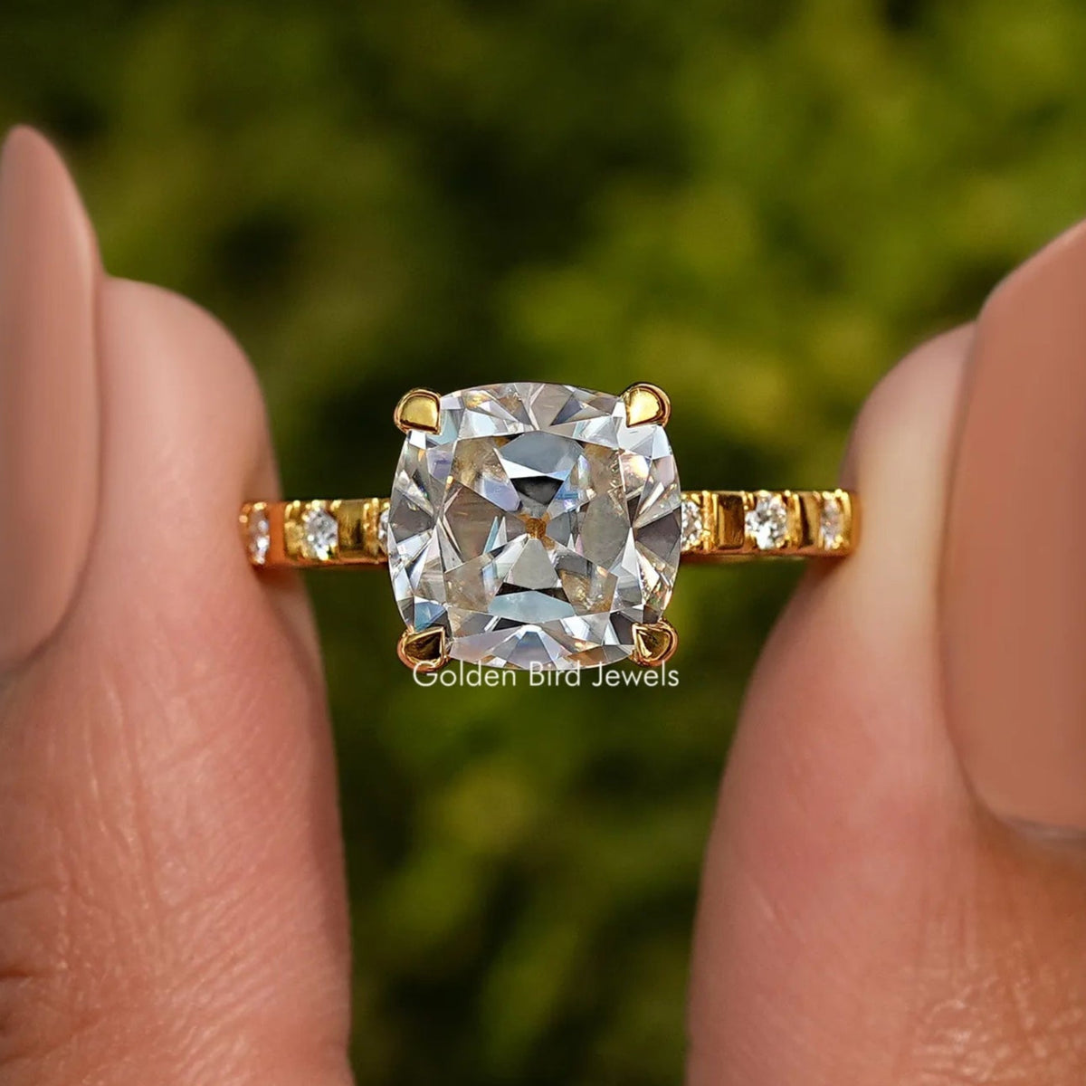 Moissanite Old Mine Cushion Cut Accent Stone Ring