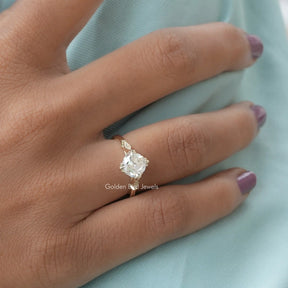 Detailed View Of Cushion Cut Accent Stone Moissanite Ring In Yellow Gold