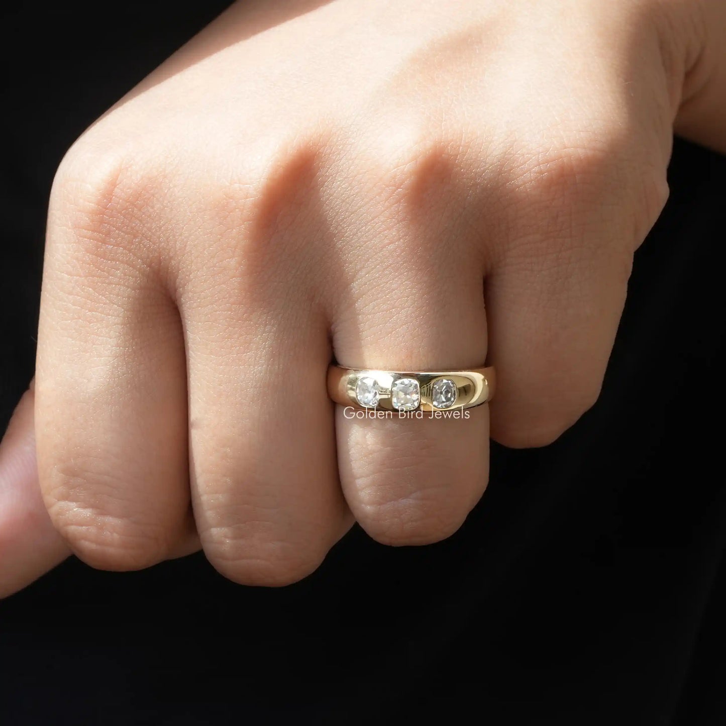 Top view of moissanite ring in three stones 