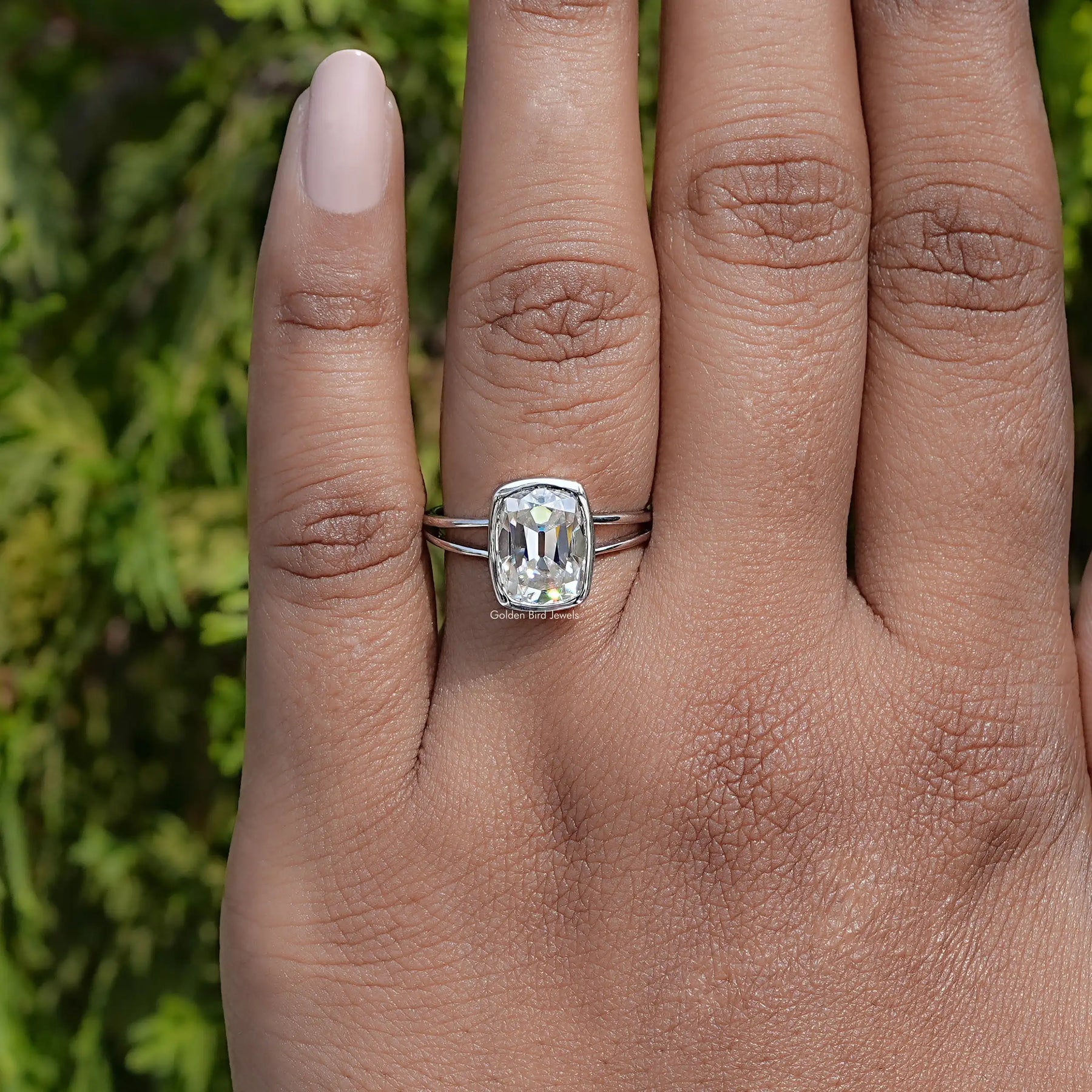 Old Mine Cushion Cut Moissanite Split Shank Ring