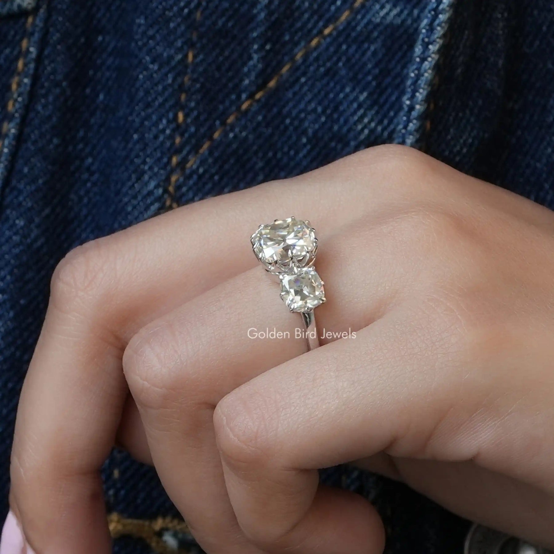 [Prong Set Old Mine Cushion Cut 3 Stone Ring]-[Golden Bird Jewels]