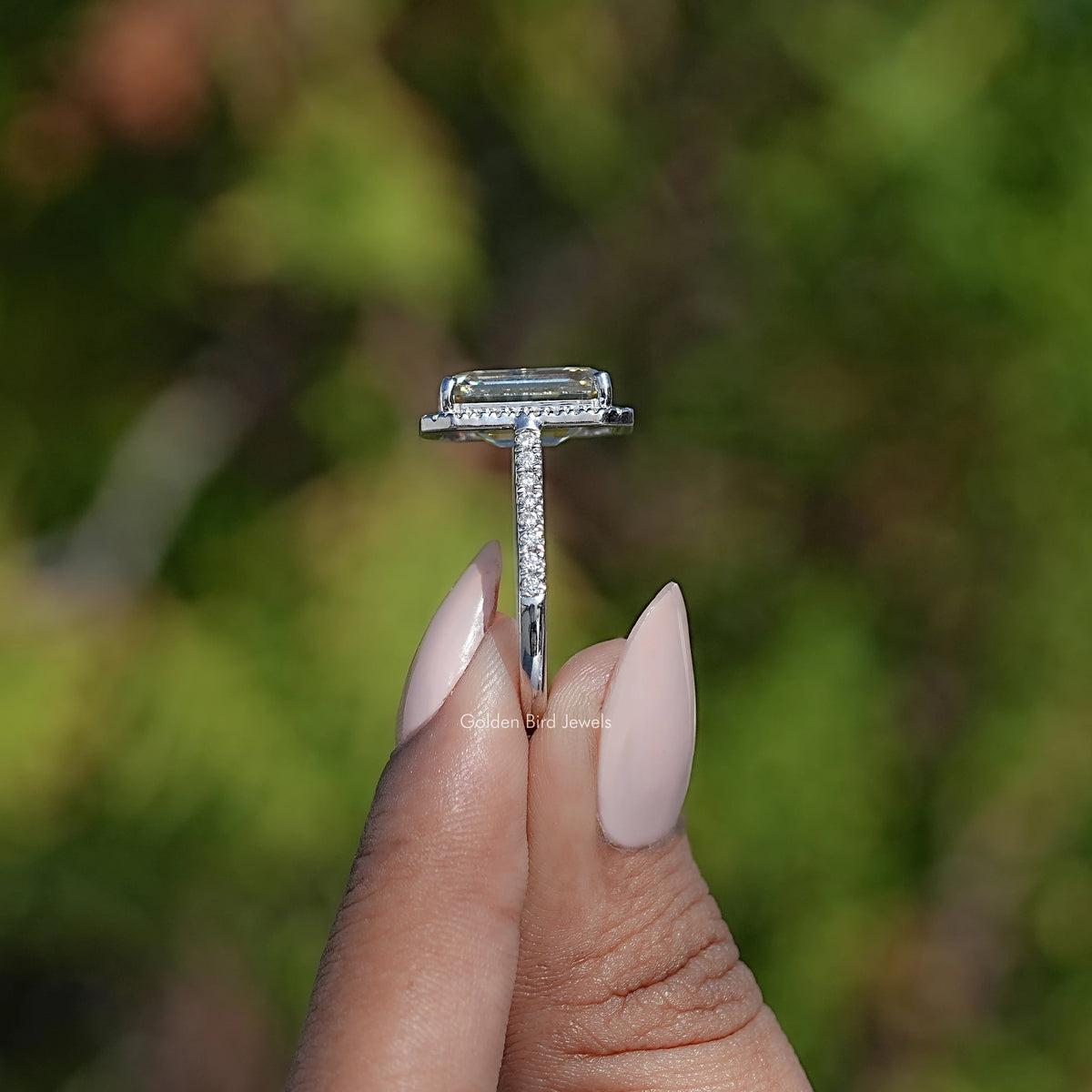 Old Mine Emerald Moissanite Halo Accent Ring