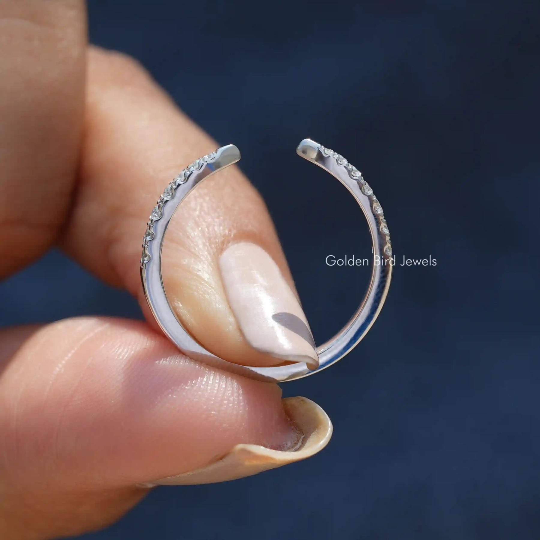 [White Gold Round Cut Open Cuff Wedding Band]-[Golden Bird Jwels]