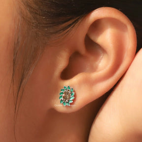 [Oval Cut Floral Stud Earrings In Prong Setting]-[Golden Bird Jewels]