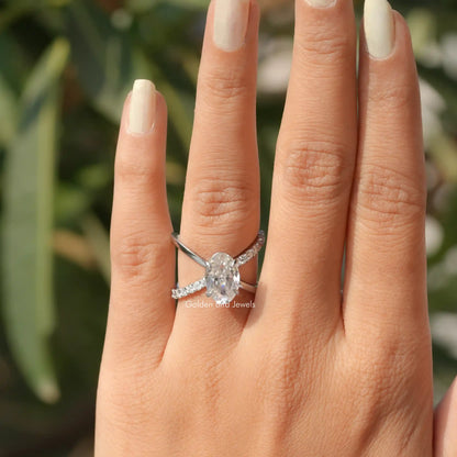 Oval Cut Split Shank Moissanite Ring In White Gold