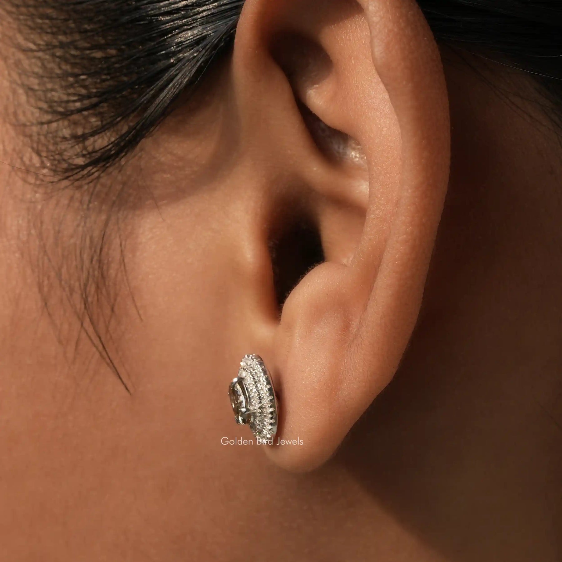 [White Gold Oval Cut Double Halo Stud Earrings]-[Golden Bird Jewels]