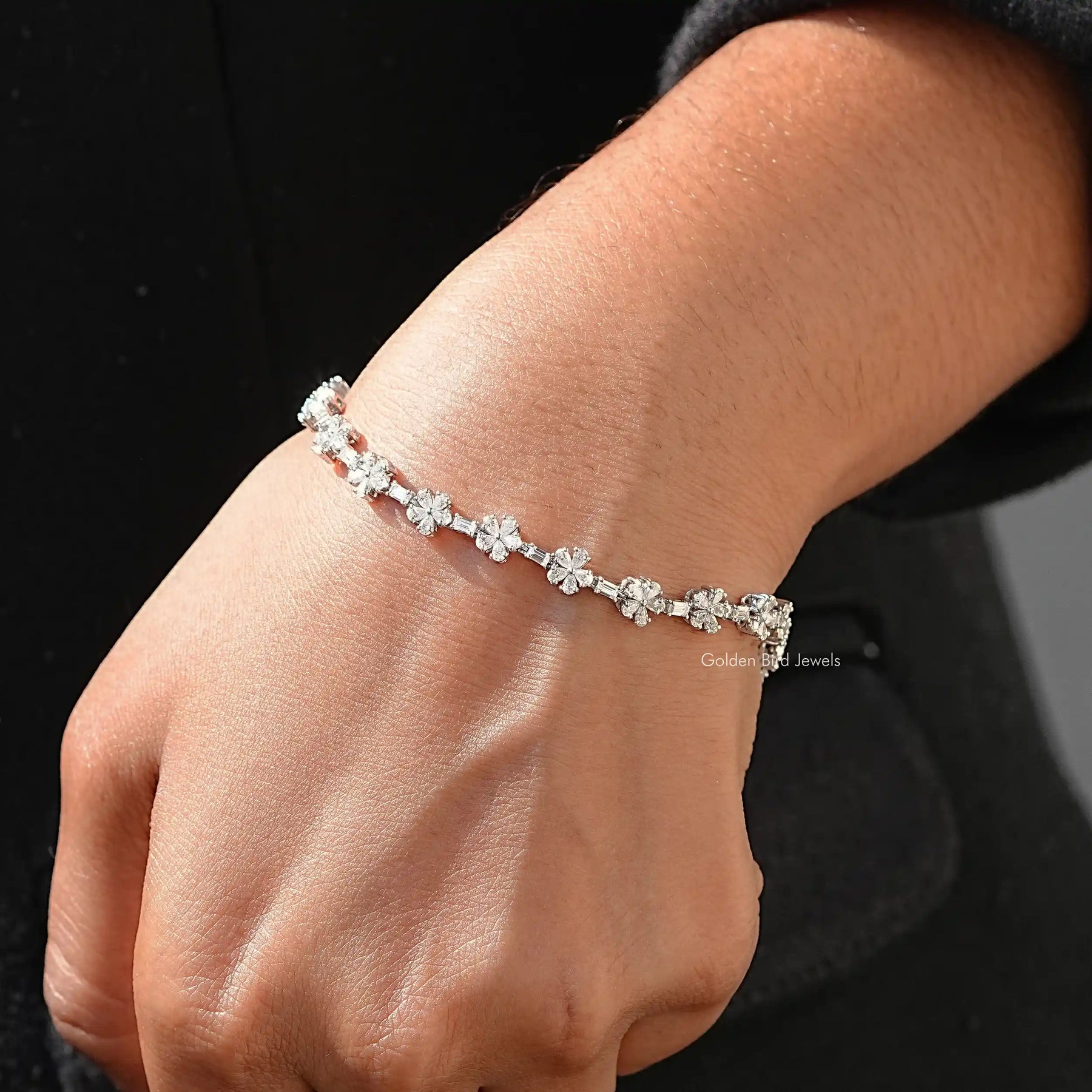 [Moissanite Pear And Baguette Cut Bracelet]-[Golden Bird Jewels]