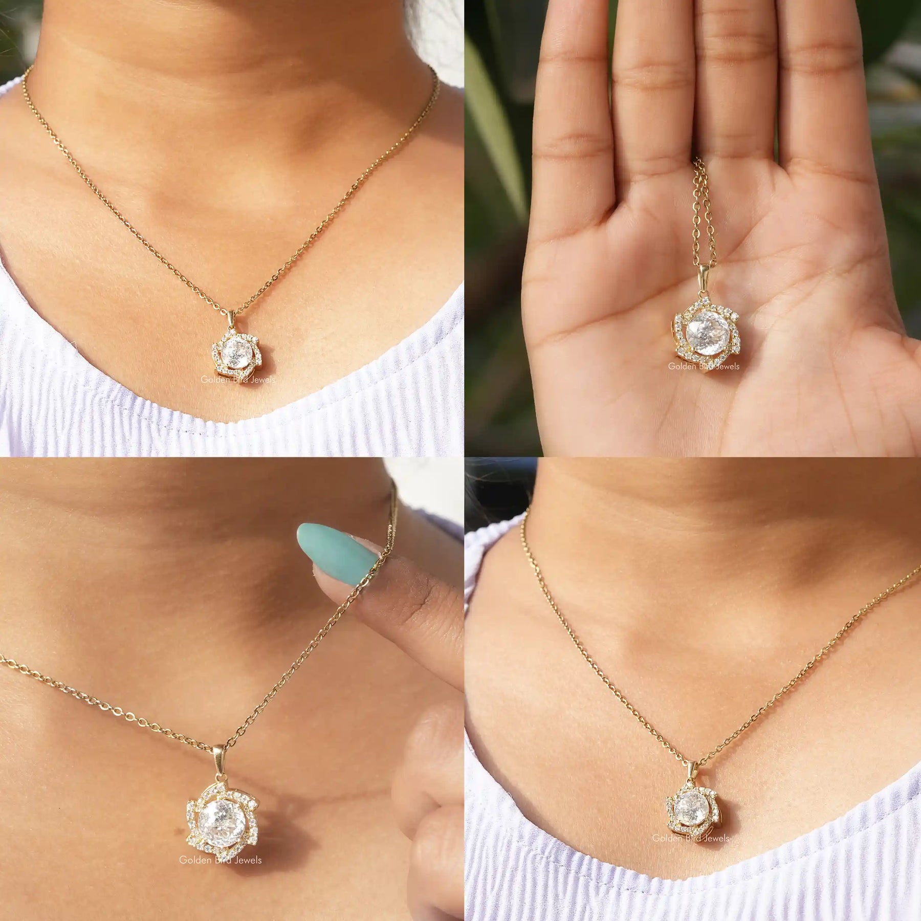 [Collage of moissanite portuguese cut halo pendant]-[Golden Bird Jewels]