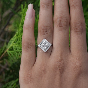 [White Gold Princess Cut Halo Moissanite Ring]-[Golden Bird Jewels]