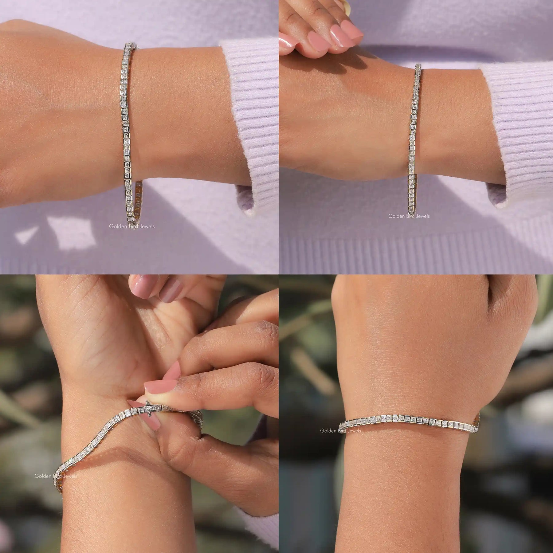 [White Gold Princess Cut Half Bezel Set Tennis Bracelet]-[Golden Bird Jewels]