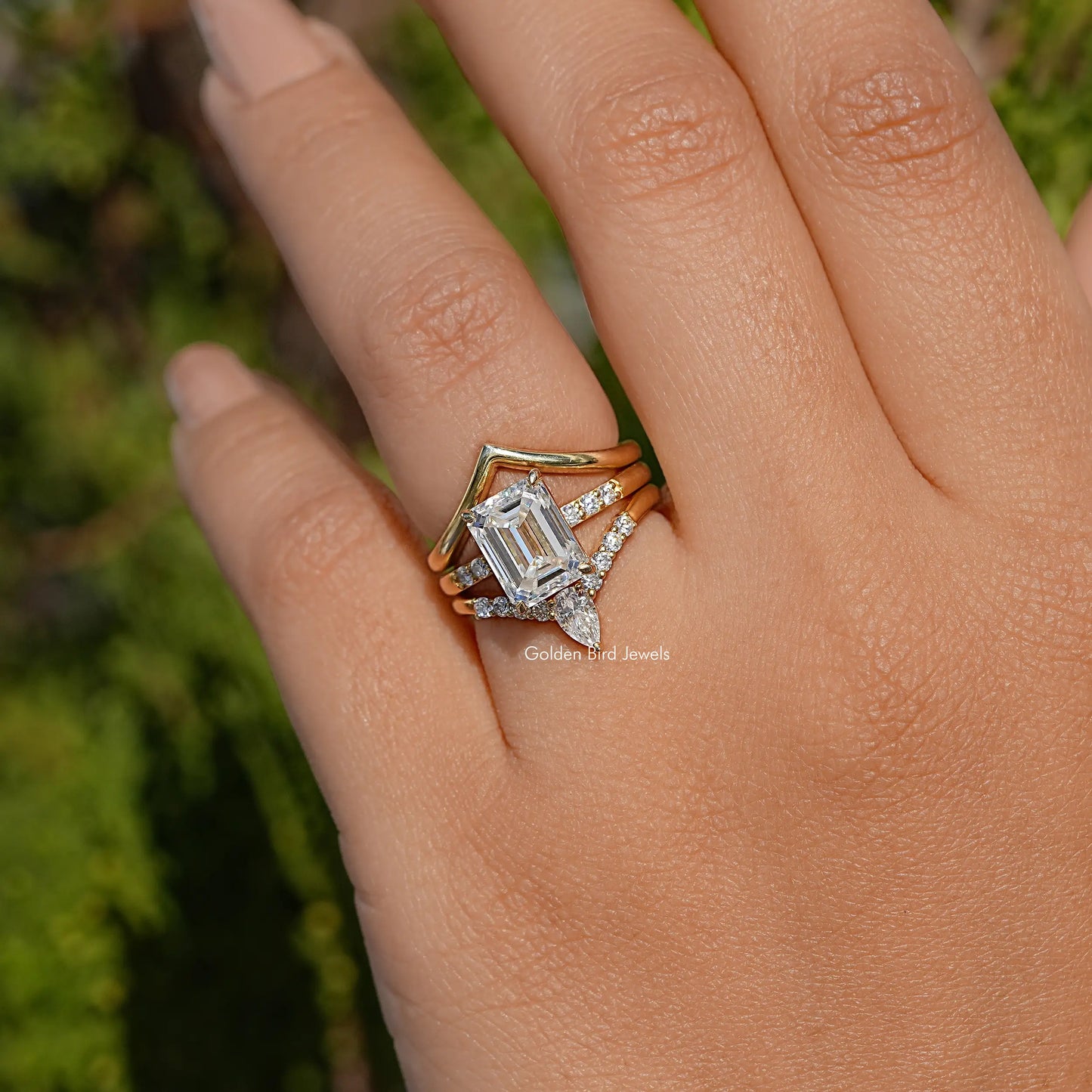 Smaragd Moissanit Braut Trio Ring Gebogenes Band Set