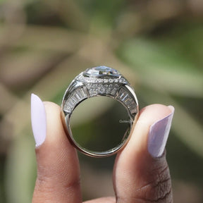 Back View of Moissanite Rose Cut Oval Halo Engagement Ring In two fingers
