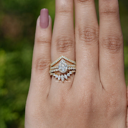 Detailed View Of Rose Cut Pear Moissanite Bridal Ring Set In Yellow Gold 
