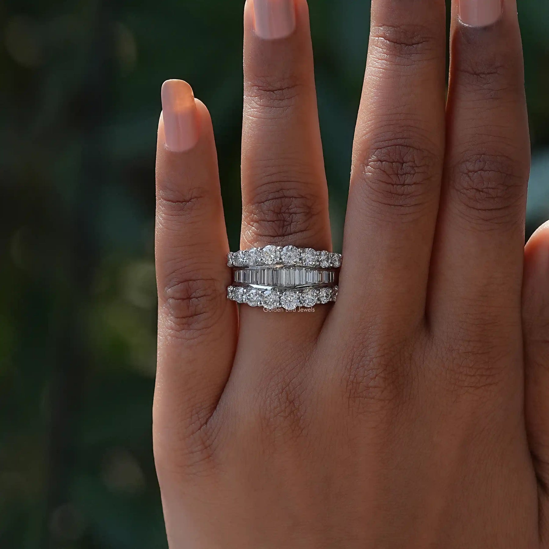 [Moissanite Round And Baguette Wedding Band]-[Golden Bird Jewels]