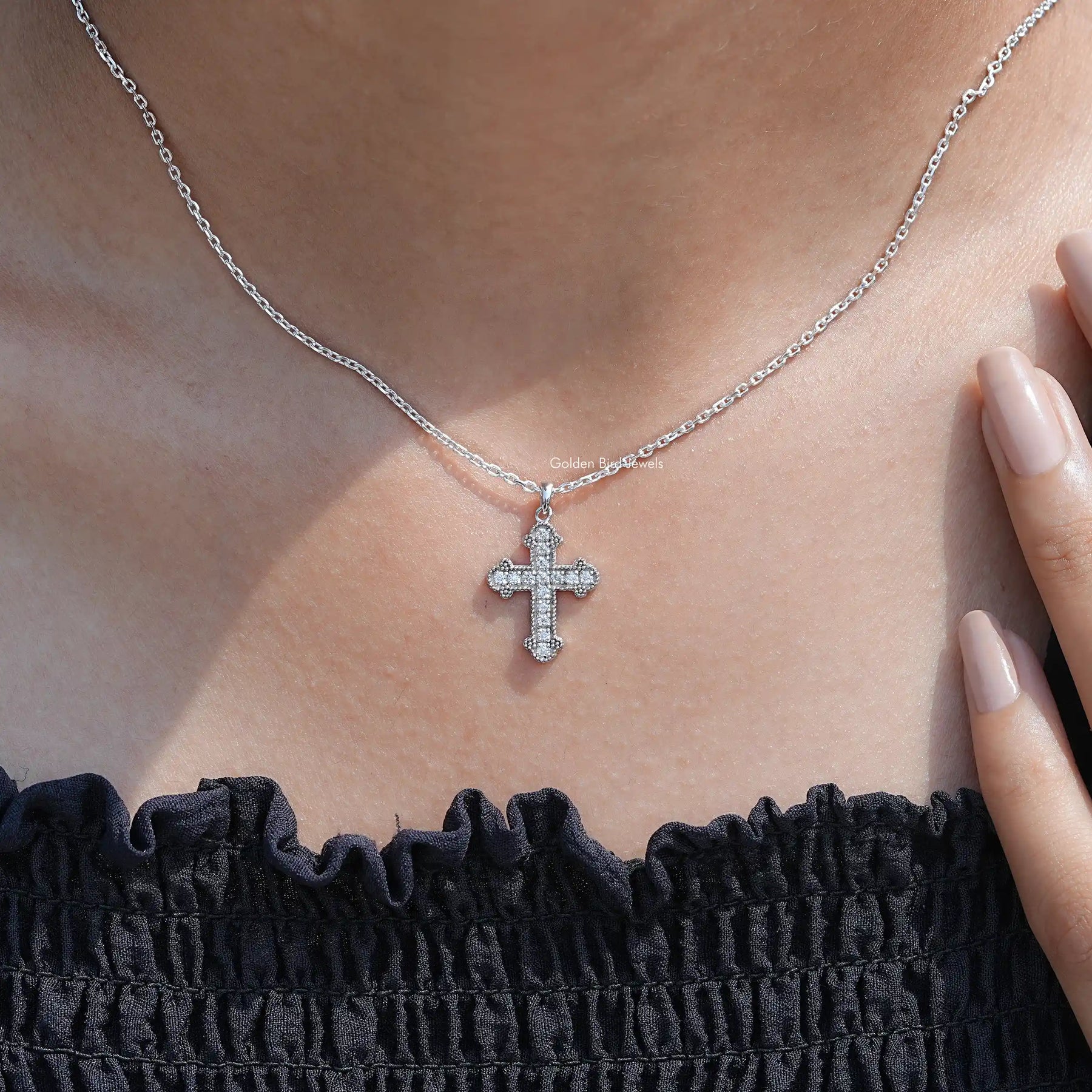 Round Cut Moissanite Encrusted Cross Pendant