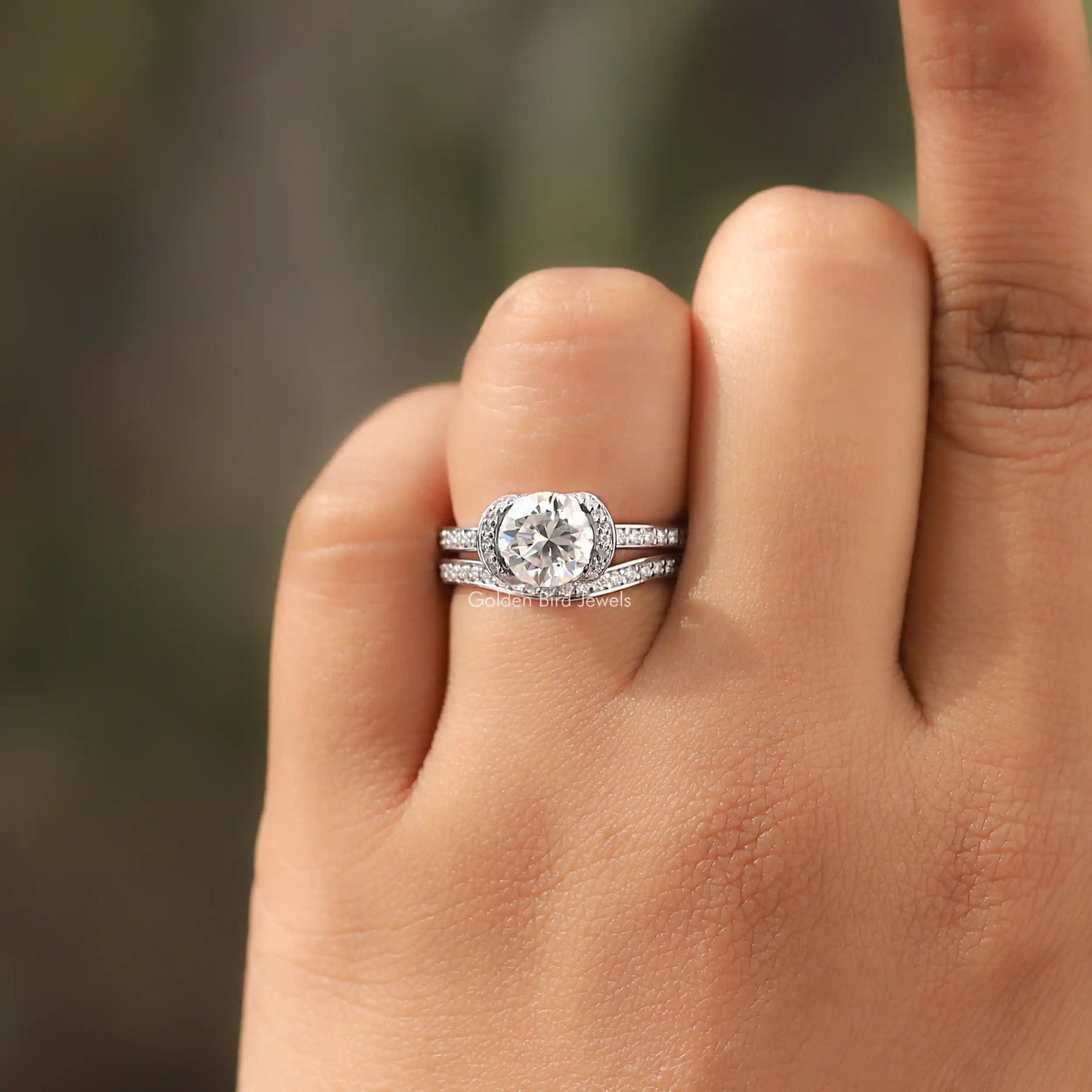 [14K White Gold Round Halo Ring]-[Golden Bird Jewels]