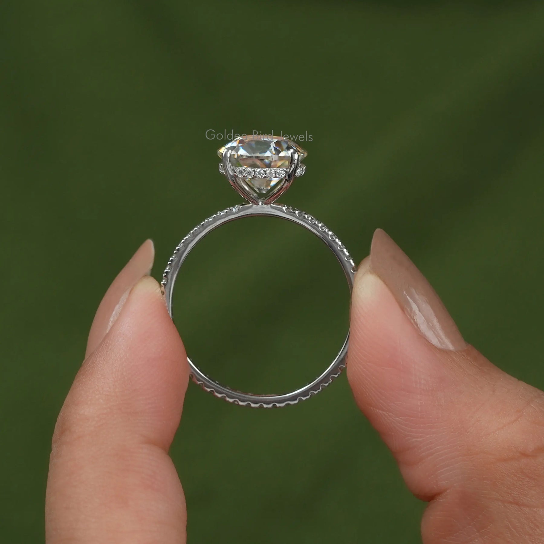 Back View of Moissanite Round Cut Engagement Ring In two fingers