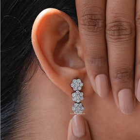 [White Gold Round Flower Style Earrings]-[Golden Bird Jewels]