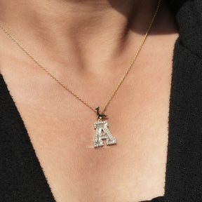 [Moissanite Round Cut Initial A Letter Pendant]-[Golden Bird Jewels]