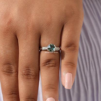Detailed View Of Moissanite Round And Octagon Cut Accent Ring In White Gold