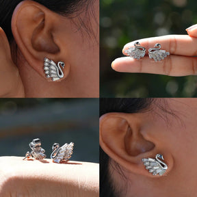 [Tapered Baguette And Round Cut Swan Earrings]-[Golden Bird Jewels]