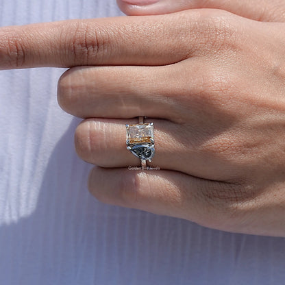 Close View Of Radiant And Pear Cut Moissanite Engagement Ring
