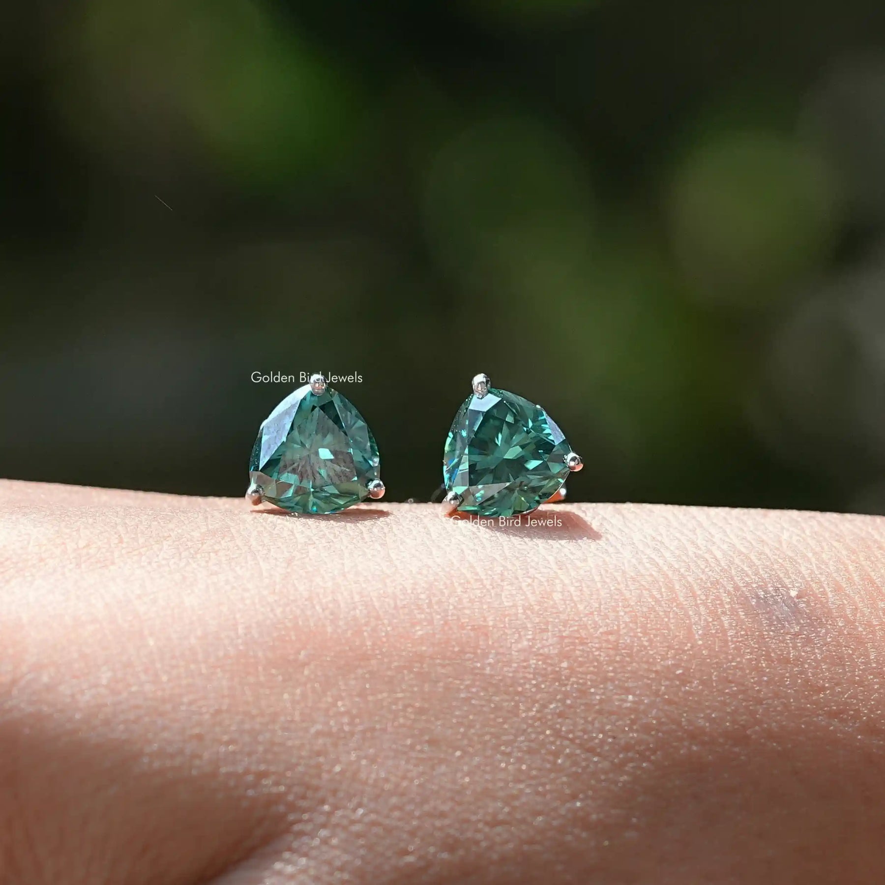 [Dark Green Trillion Moissanite Stud Earrings In White Gold]-[Golden Bird Jewels]