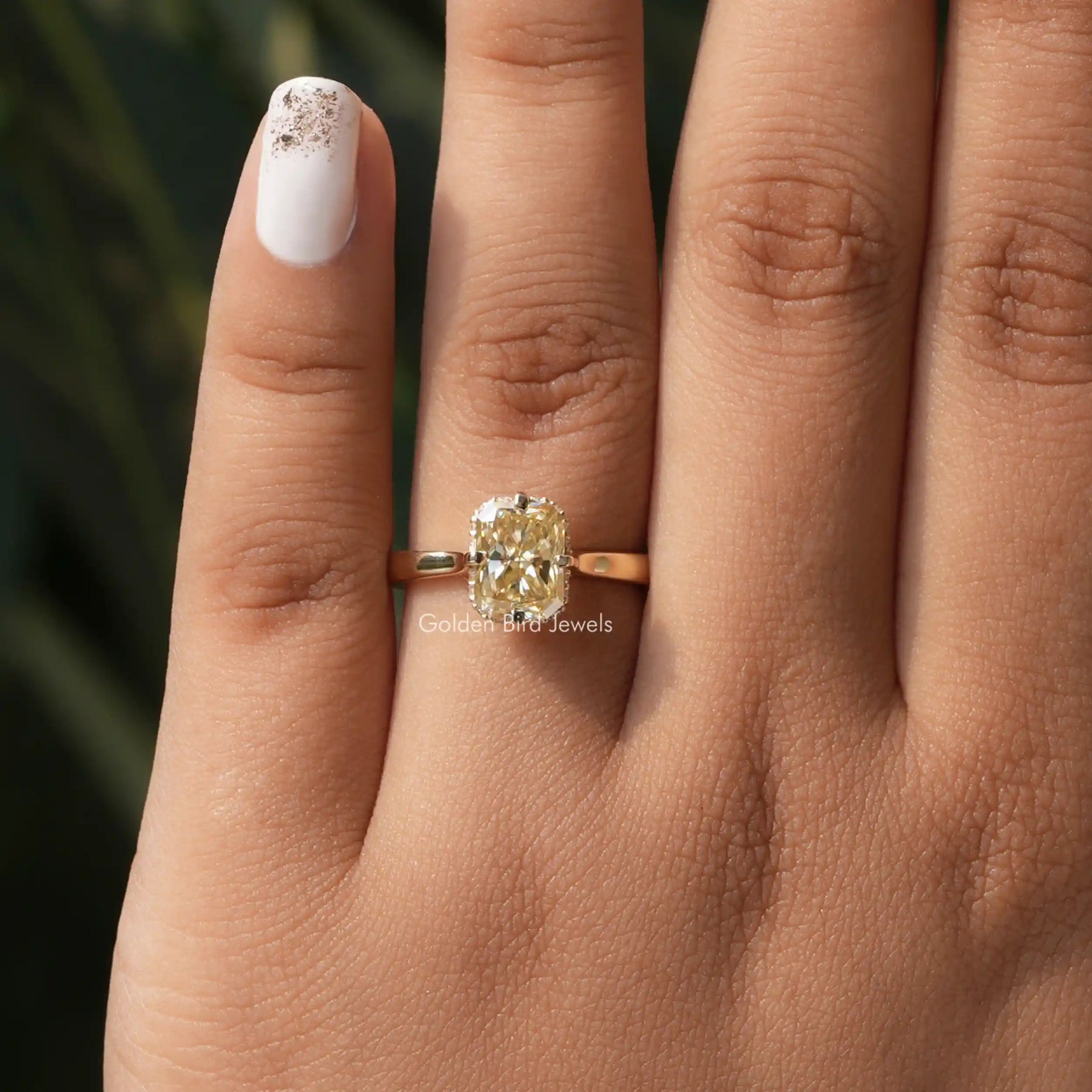 [Hiddden Halo Yellow Radiant Cut Moissanite Ring]-[Golden Bird Jewels]