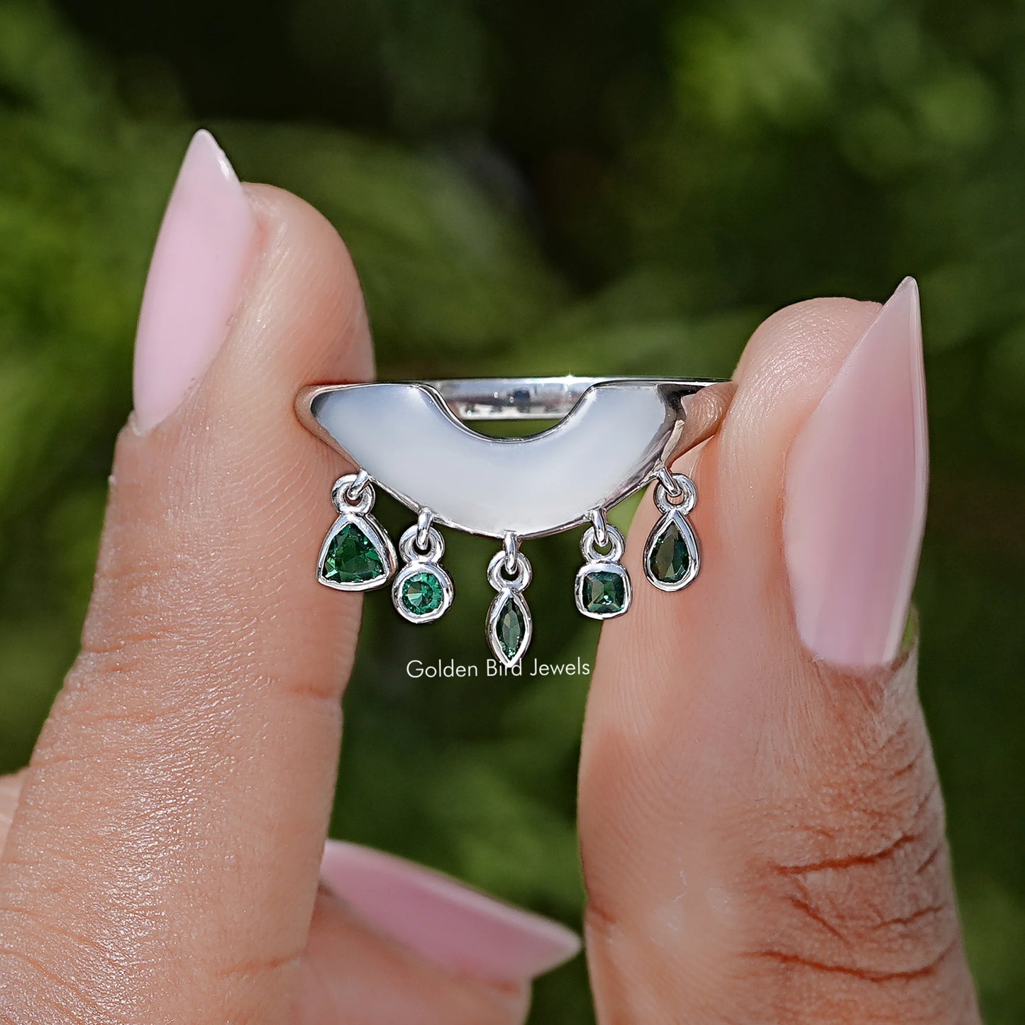 Multi Shape Gemstone Curved Bezel Set Engagement Ring