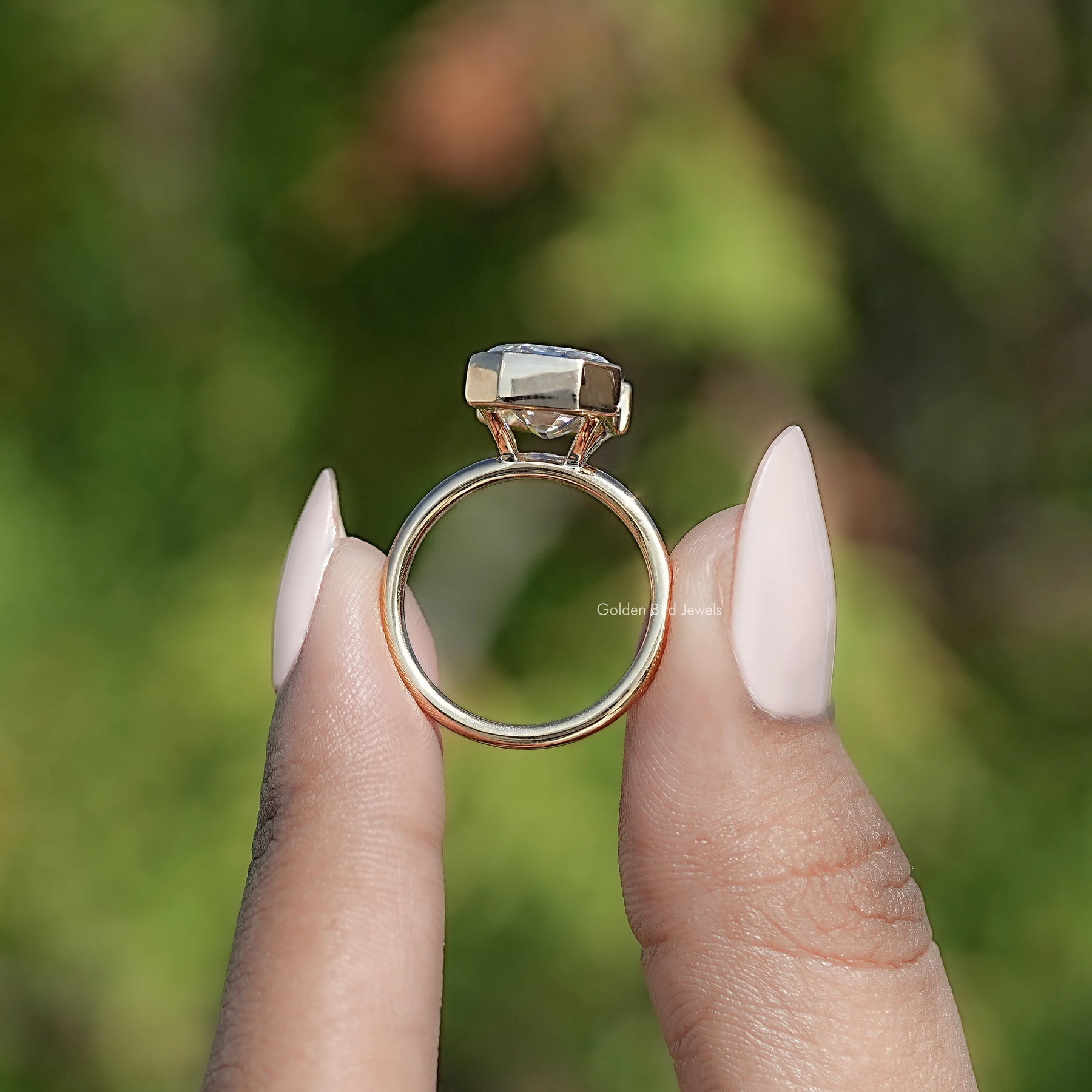 Near Colorless Old Mine Emerald Cut Moissanite Ring