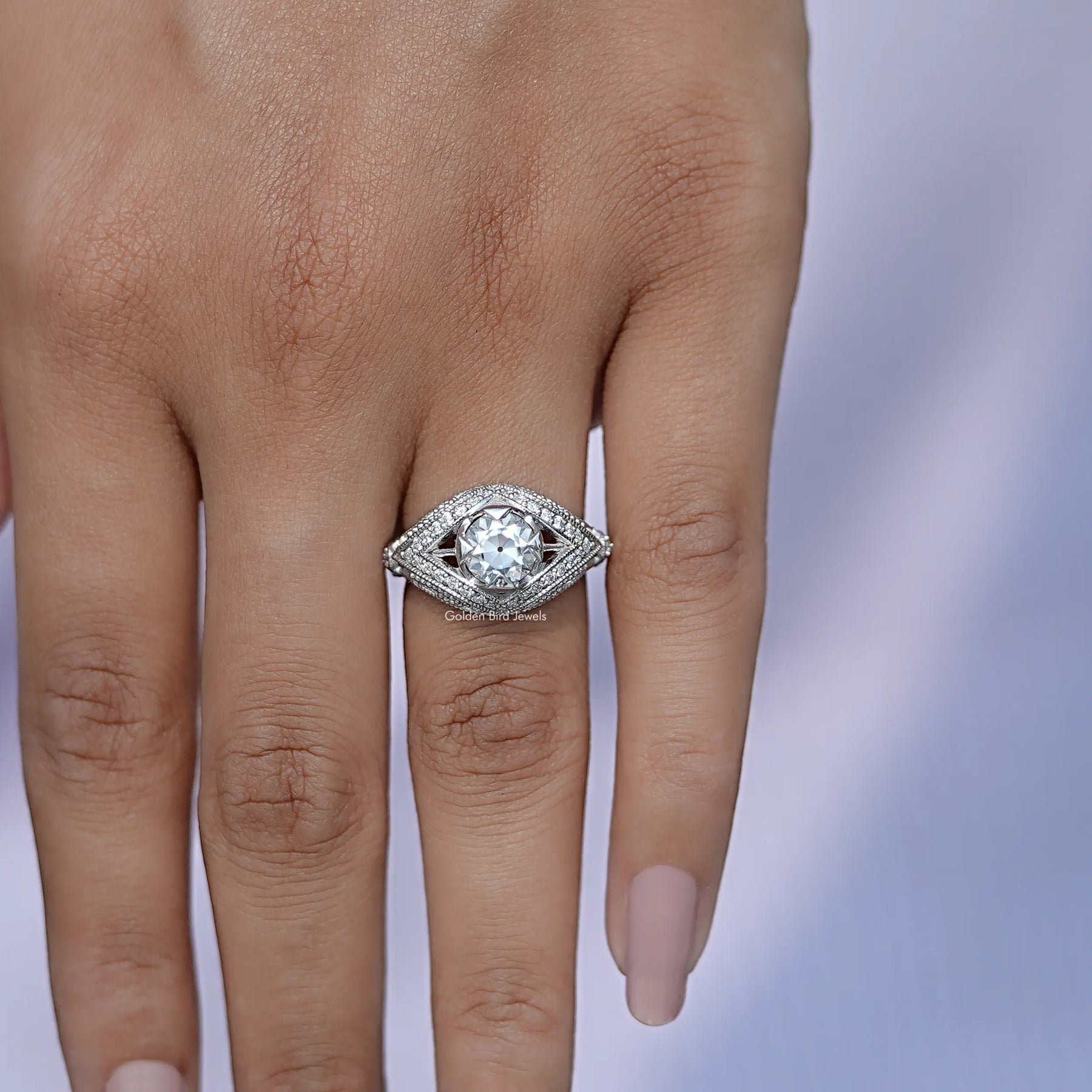 Finger View of Round Art Deco lab diamond ring in white gold 