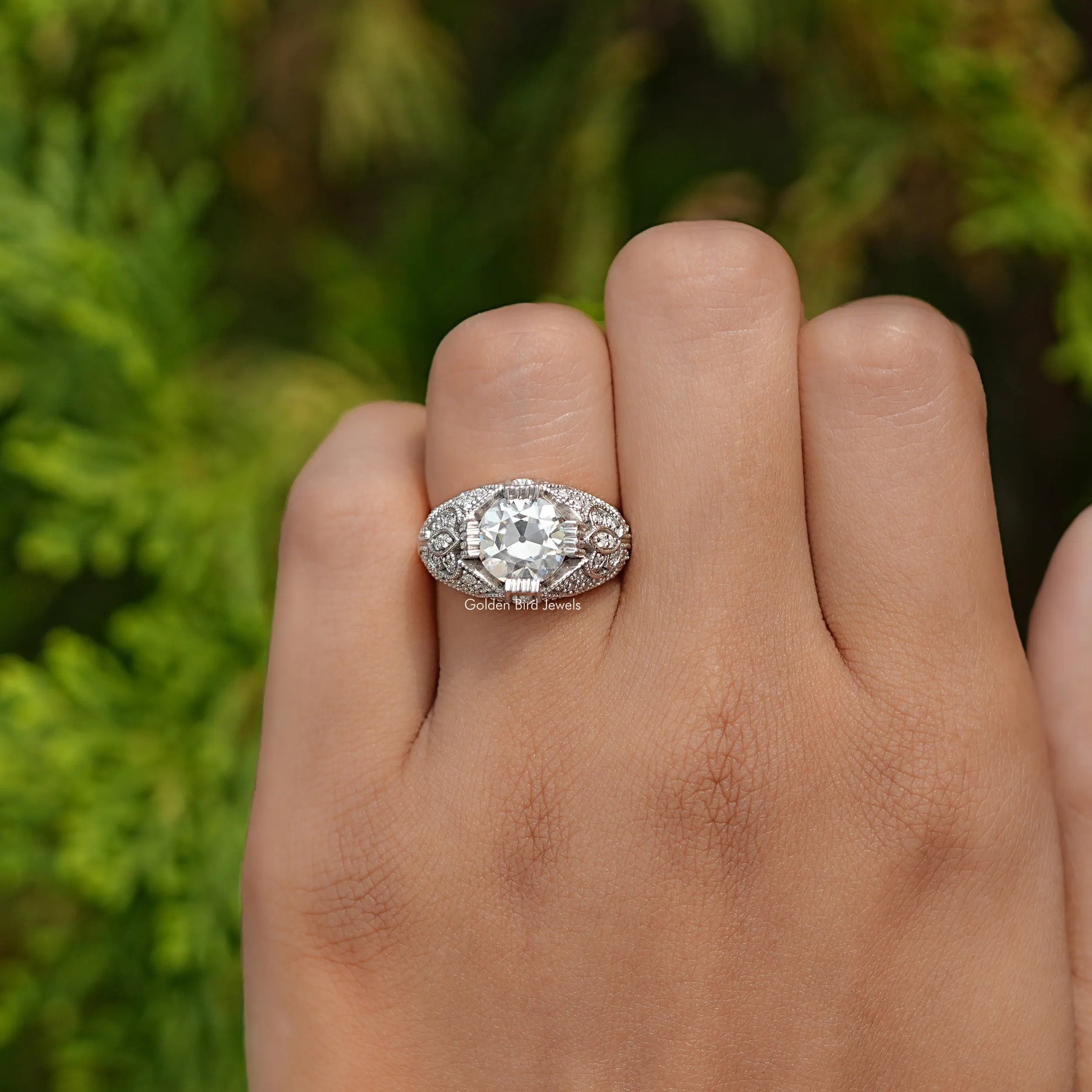 Detailed View of Round Cut Moissanite Art Deco Ring In White Gold