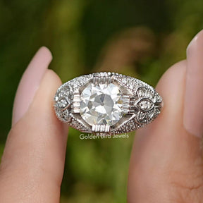Front View of Round Cut Moissanite Art Deco Ring In two Fingers