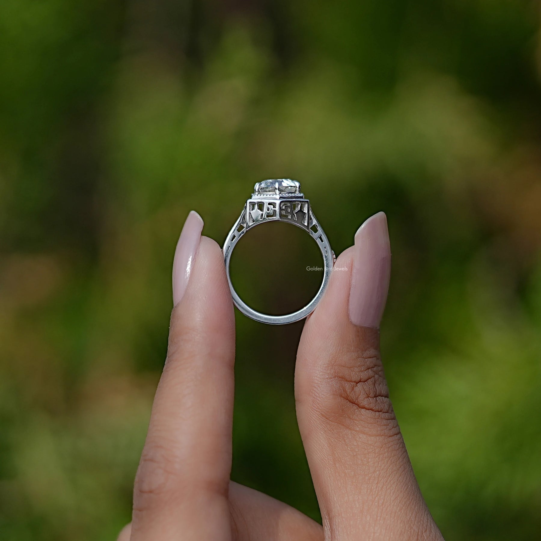 Back View of  Round Cut Moissanite Solitaire Ring In two fingers