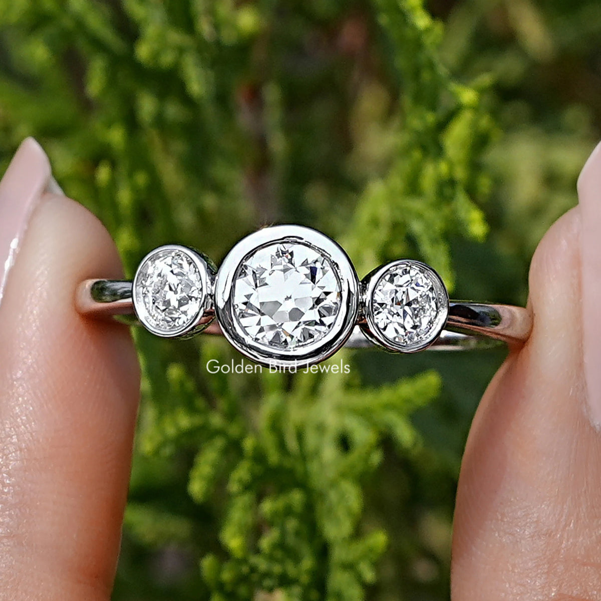 Old European Round Lab Diamond Three Stone Ring