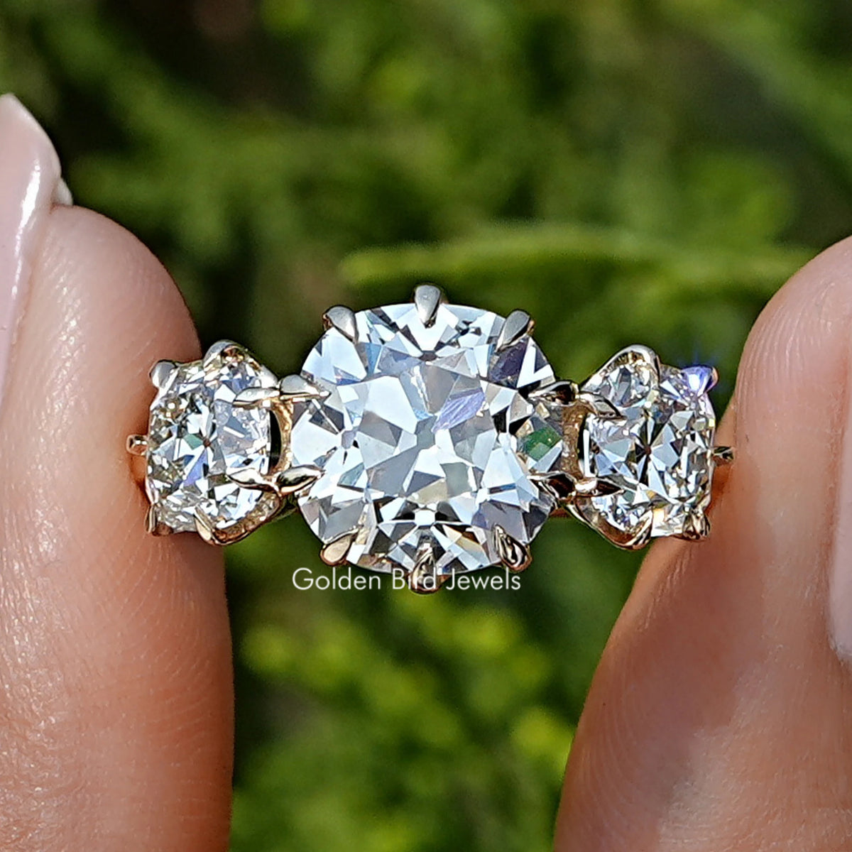 Square Old Mine Cushion Diamond Three Stone Ring