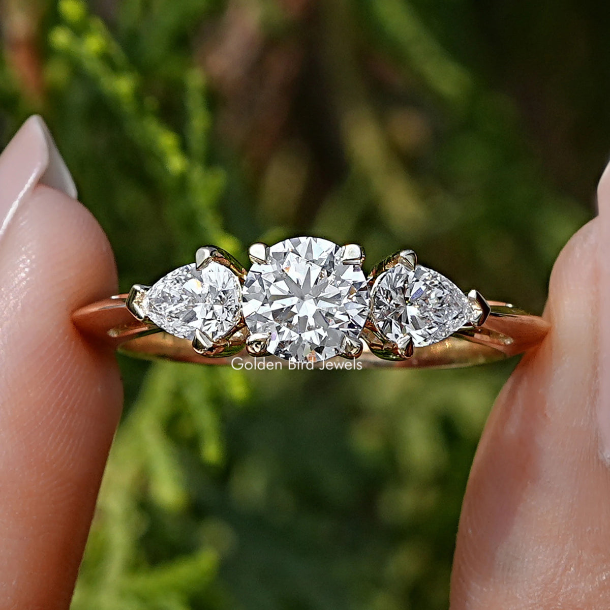 Pear And Round Cut Lab Diamond Three Stone Ring